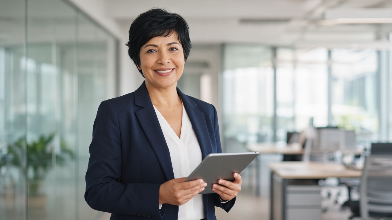 Executiva em escritório moderno — certificado digital e-CNPJ A1 ICP-Brasil