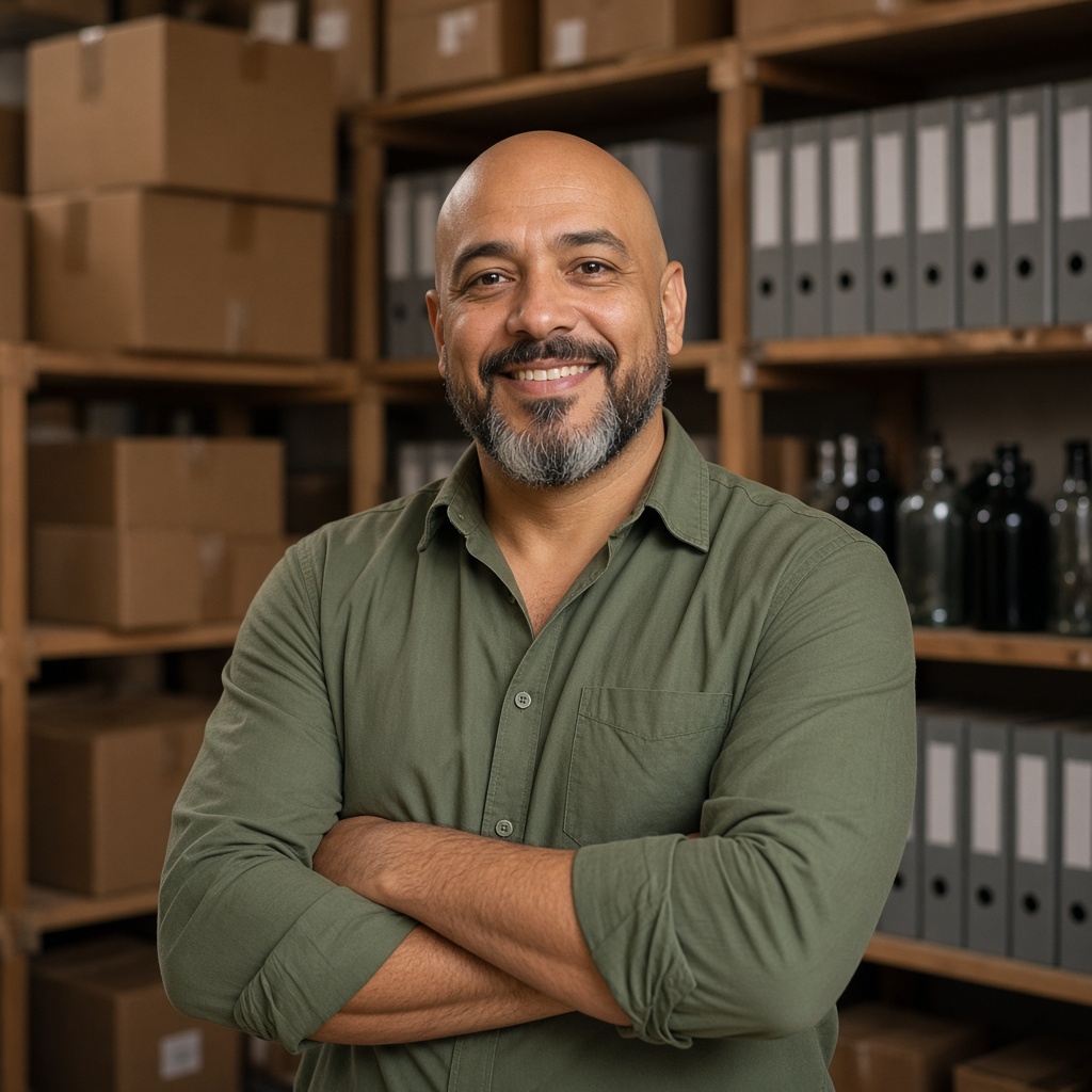 Empresário no estoque da empresa, pronto para emitir notas com certificado digital